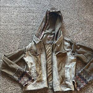 Miss Me Hooded Denim Jacket with Patterned Sleeves